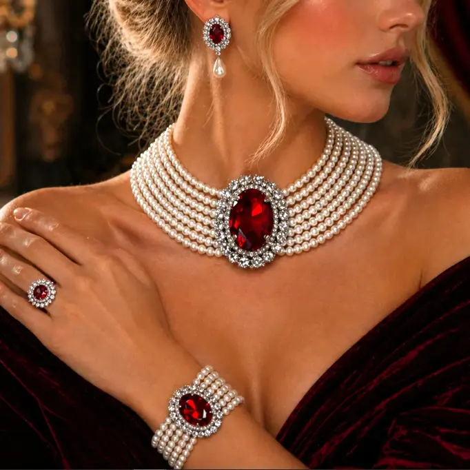 Princess Diana Inspired Red Gemstone Pearl Set – Zircon & White Gold Plated
