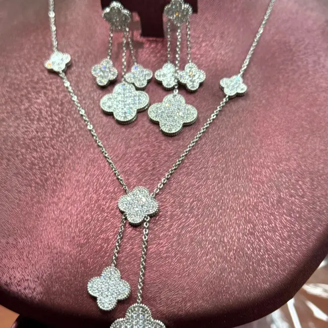 Luxe Clover Necklace & Earring Set – Zircon Stone, Rhodium Plated (2-Year Warranty)