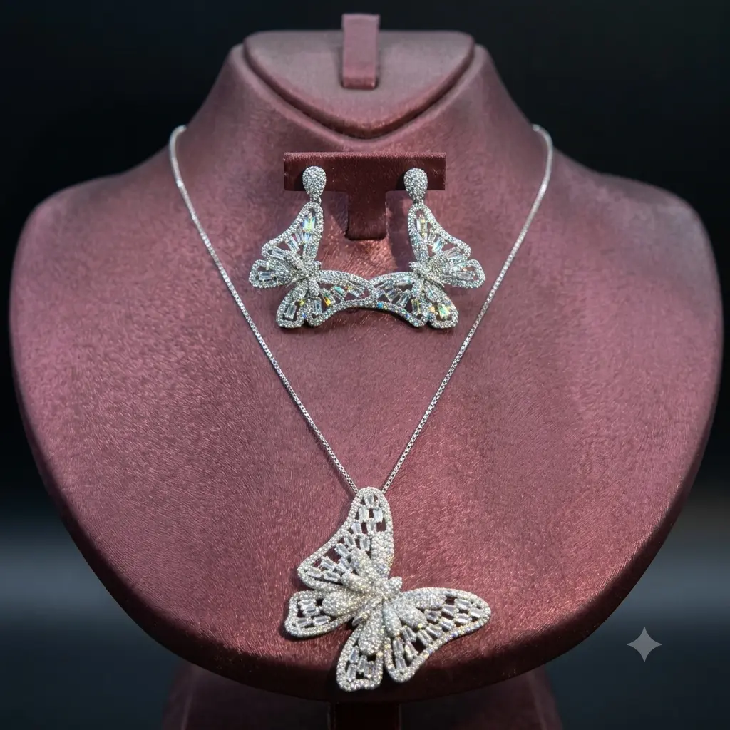 Zircon Butterfly Necklace & Earring Set – Rhodium Plated | 2-Year Warranty