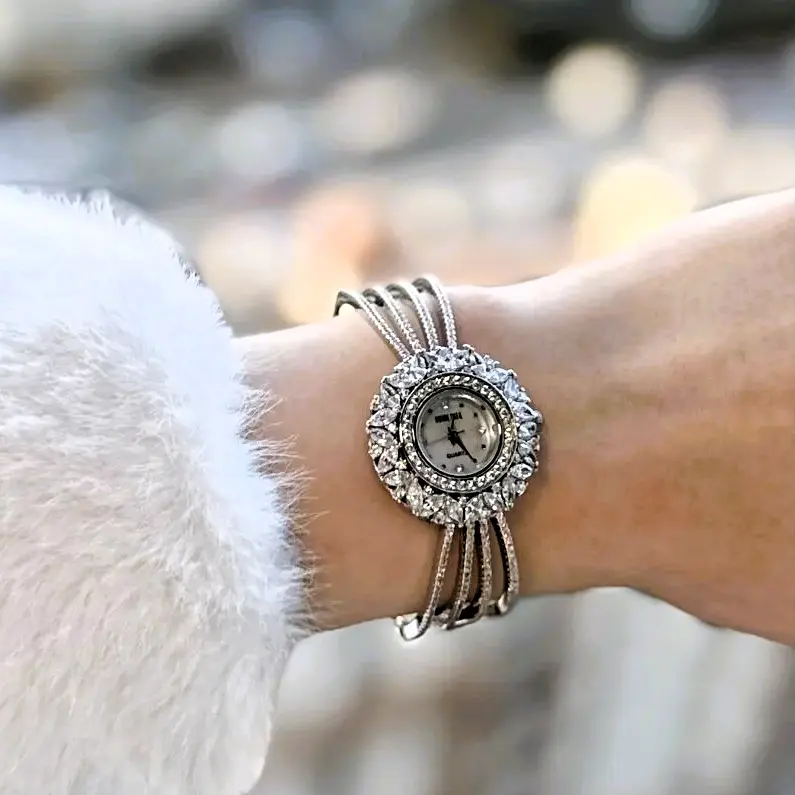 Luxury Sparkling Zircon Stone Bracelet Watch - Rhodium Plated