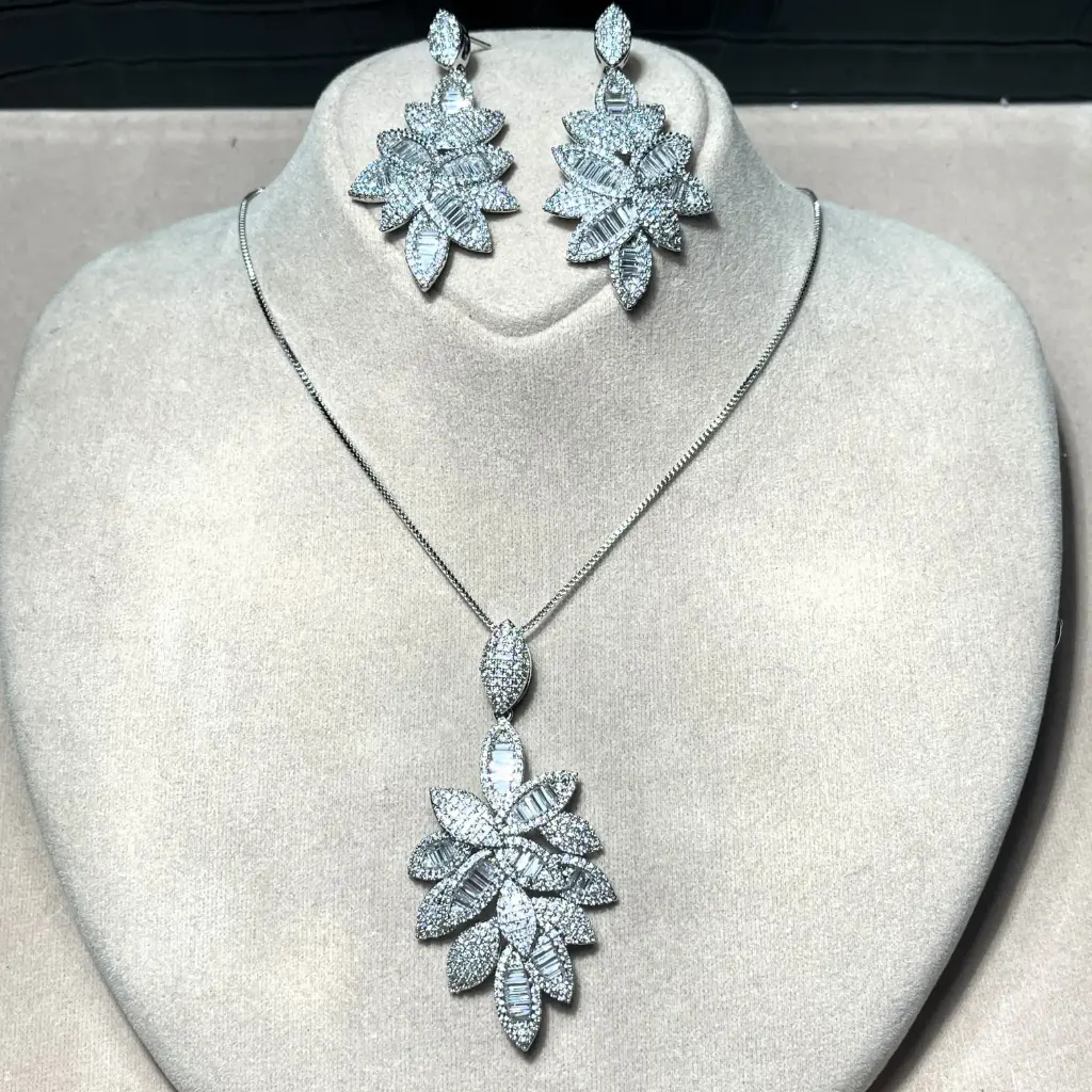 Royal Blossom Necklace & Earring Set – Leaf Zircon Stone, Rhodium Plated