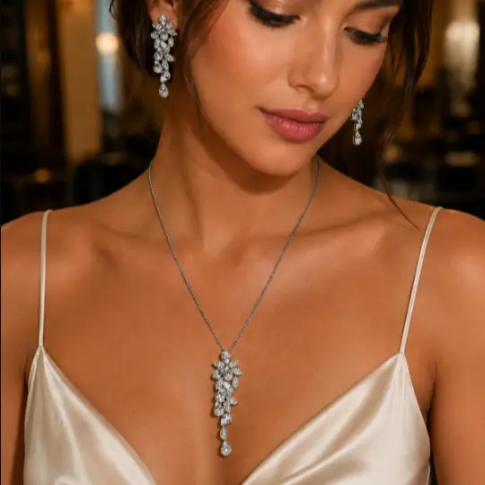 Luxurious Jewelry Set with Leaf Zircon Rhodium Plated Elegant