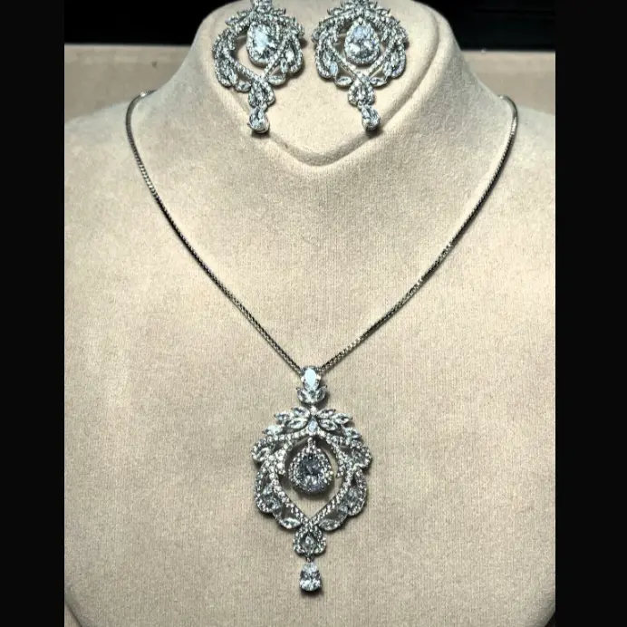 Royal Blossom Necklace & Earring Set – Drop Zircon Stone, Rhodium Plated