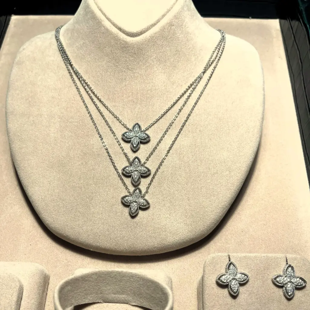 Royal 3 Flower Necklace & Earring Set – Leaf Zircon Stone, Rhodium Plated