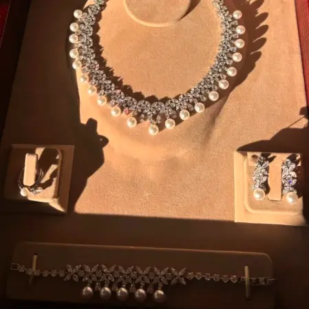 Luxurious Jewelry Set with Flower Zircon and Pearls Rhodium Plated Elegant