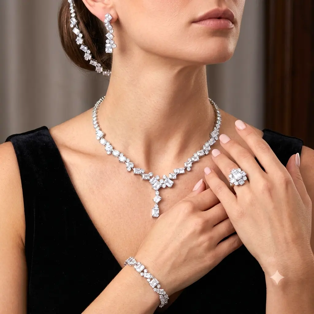 Luxury classic necklace, earring, ring and bracelet set - rectangular zircon stone, rhodium plated.