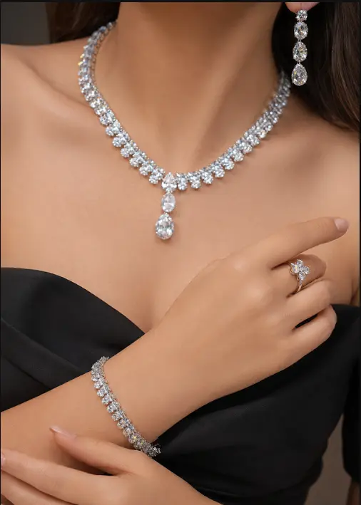 Royal Drop Necklace and Earring Set - Square Shaped Zircon Stone, Rhodium Plated