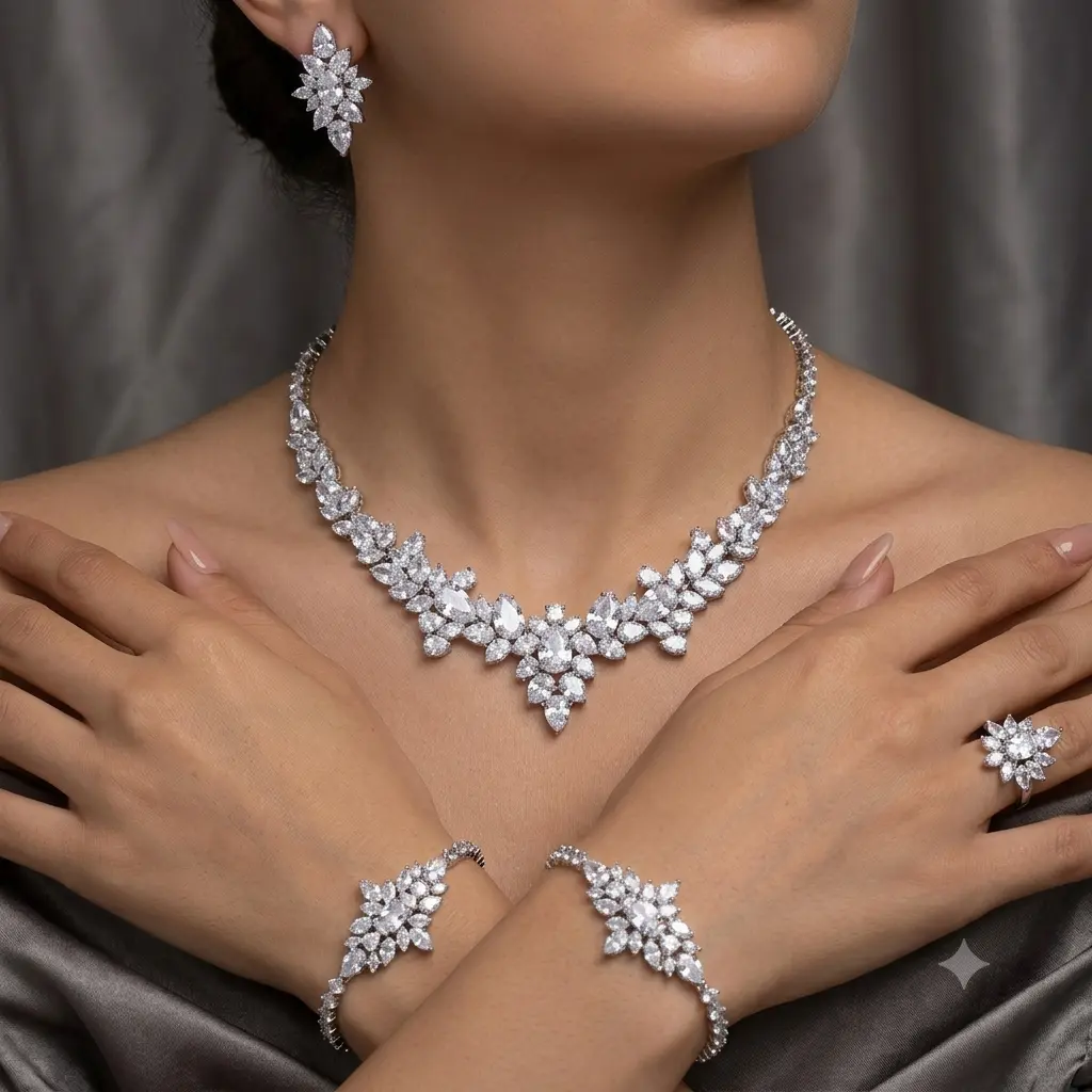 Luxury floral motif necklace, earring, ring and bracelet set - rose-shaped zircon stone, rhodium plated.
