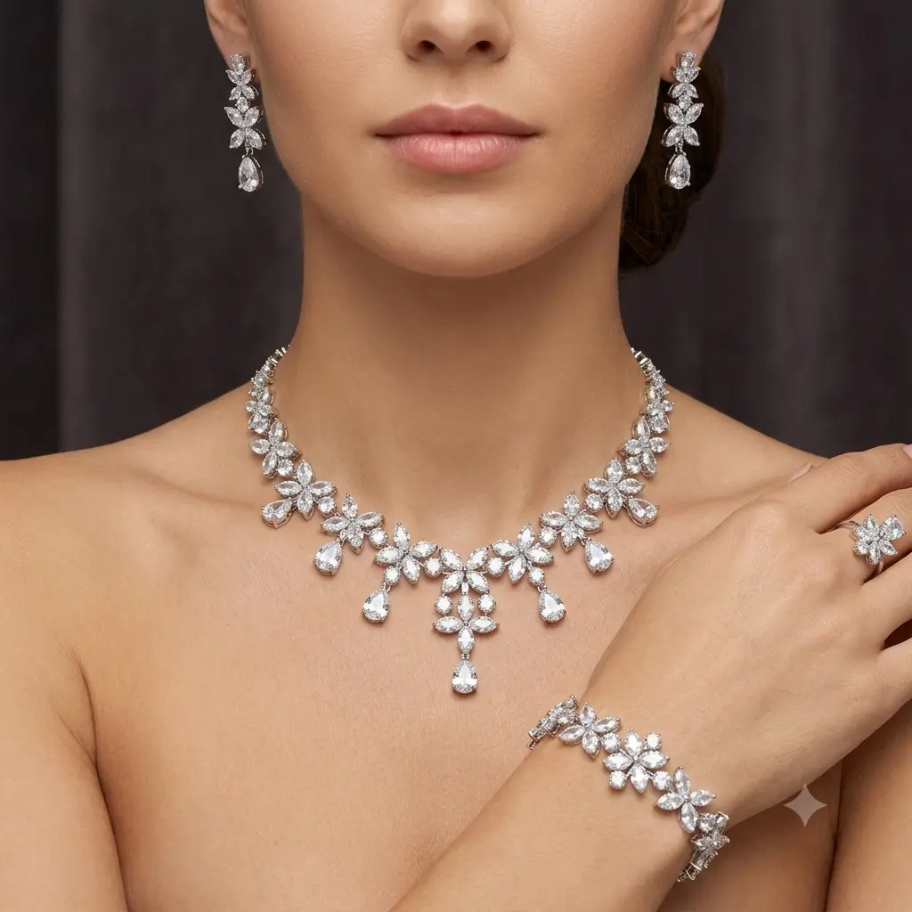 Luxury star pattern necklace, earring, ring, and bracelet set - with teardrop-shaped zircon stones, rhodium plated.