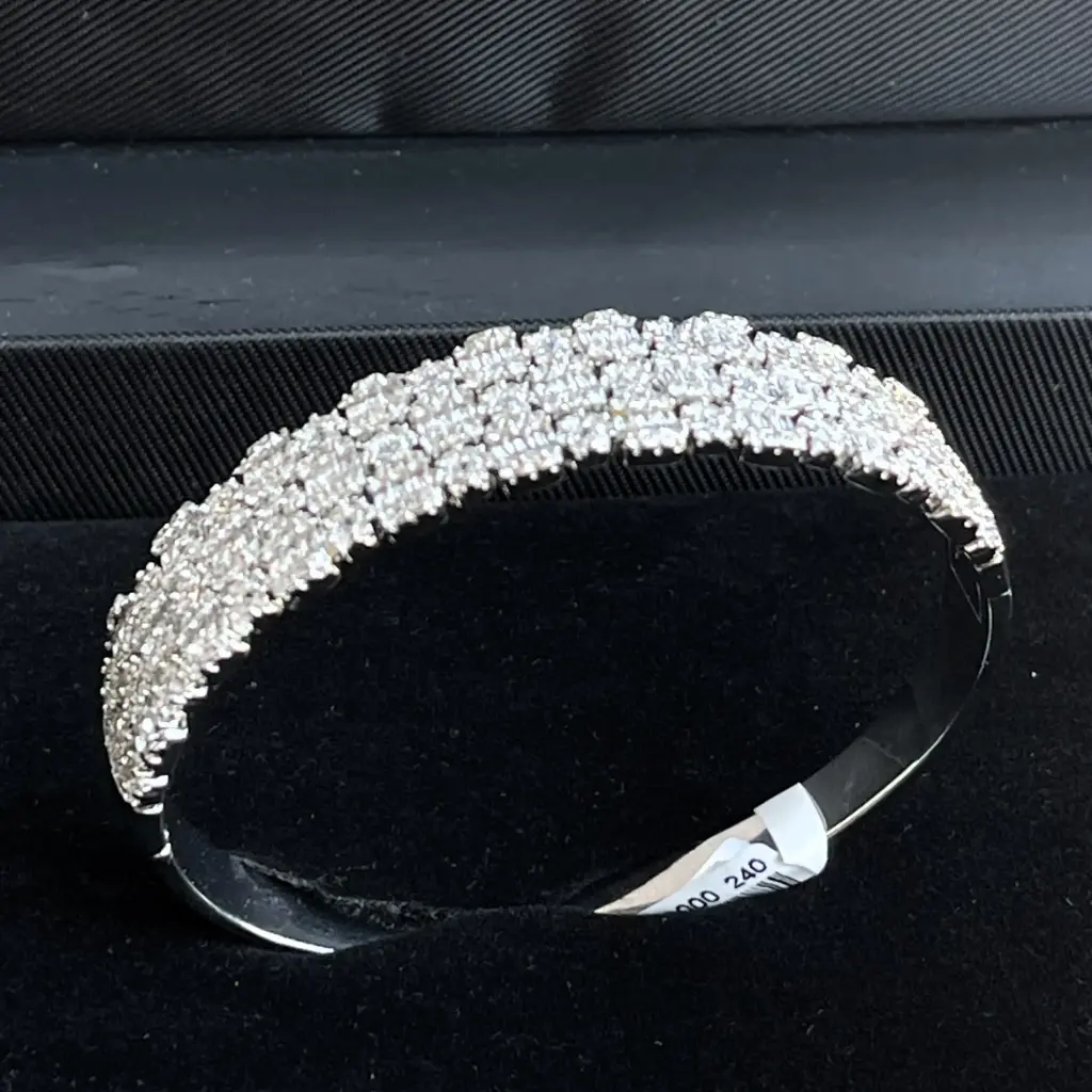 Classic luxury bracelet set, cubic zirconia stones, rhodium plated, rectangular shape.
