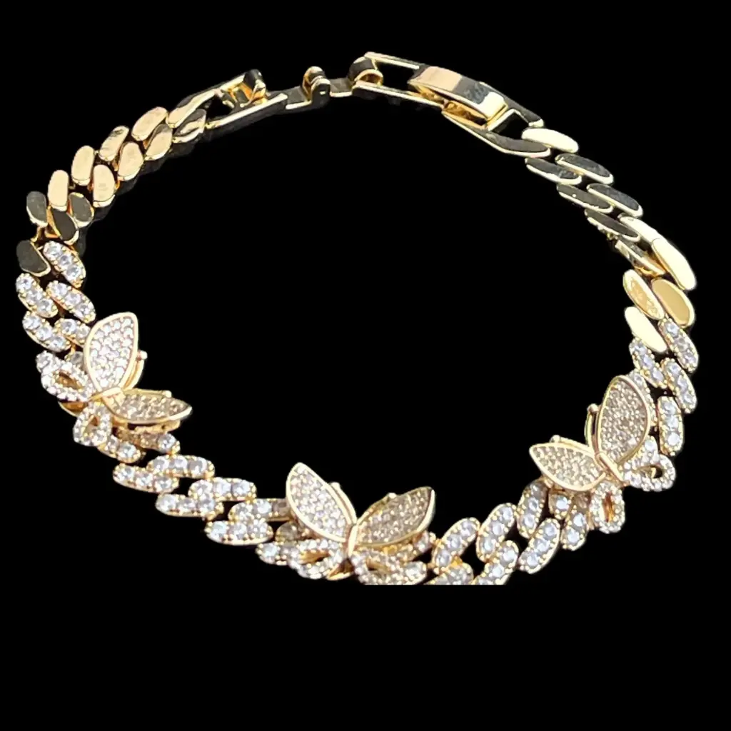 Gold Plated Chain Bracelet with Zircon Stone and Butterfly Detail – Elegant Women's Bracelet