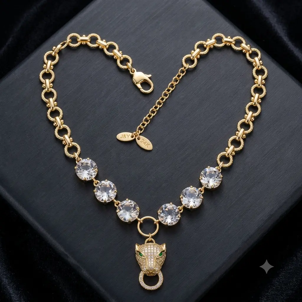 Luxurious gold-toned rhodium-plated tiger head five-stone chain necklace adorned with zircon stones.